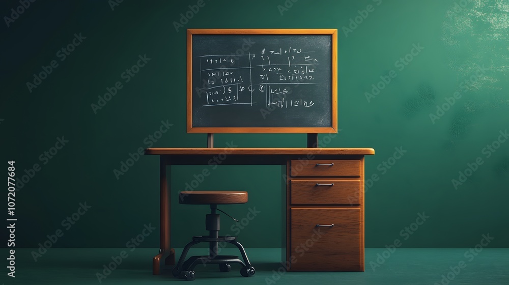 Poster a 3d-rendered school desk with a 2d floating chalkboard featuring math equations, symbolizing a lear