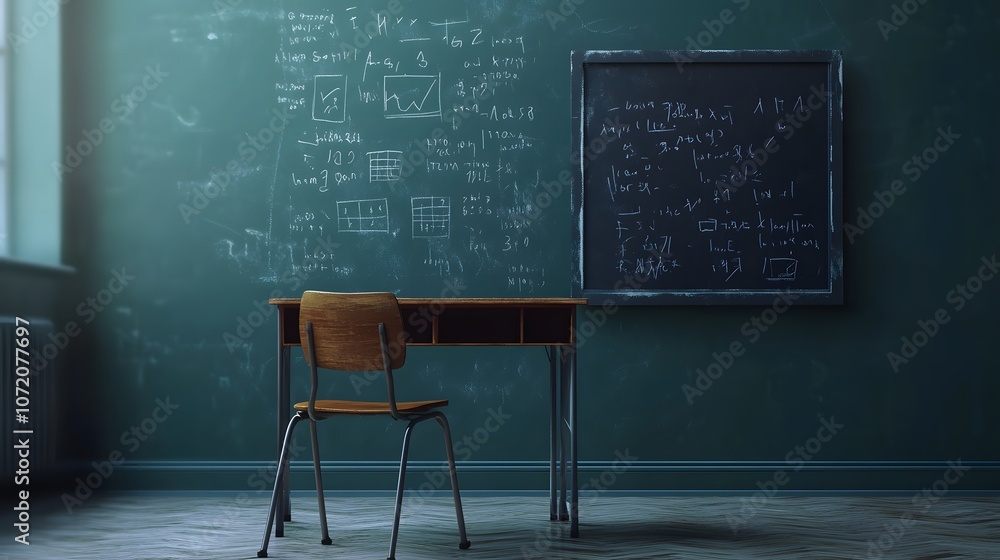 Poster a 3d-rendered school desk with a 2d floating chalkboard featuring math equations, symbolizing a lear