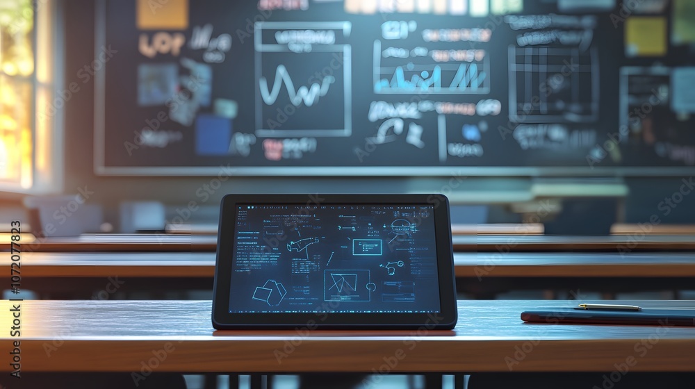Leinwandbilder a 3d tablet on a classroom desk with 2d floating coding symbols and graphs, ideal for computer scien
