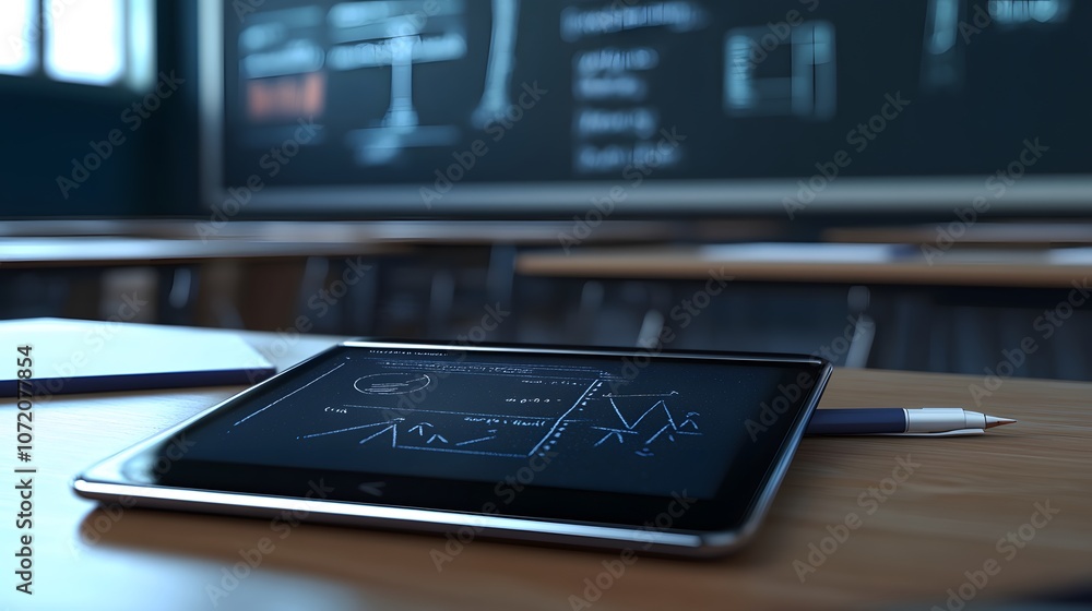 Leinwandbilder a 3d tablet on a classroom desk with 2d floating coding symbols and graphs, ideal for computer scien