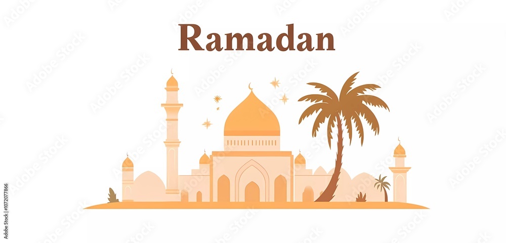 Poster vector flat illustration of ramadan kareem with mosque and palm tree, white background with text 