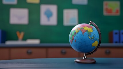A 3D globe on a school desk with 2D map and geography icons floating nearby, creating a geography lesson vibe, 4k resolution, ultra-realistic, uncluttered background