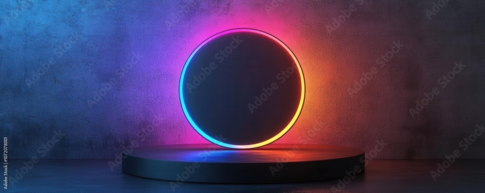 Poster a glowing circular platform illuminated with vibrant neon colors against a textured backdrop, creati