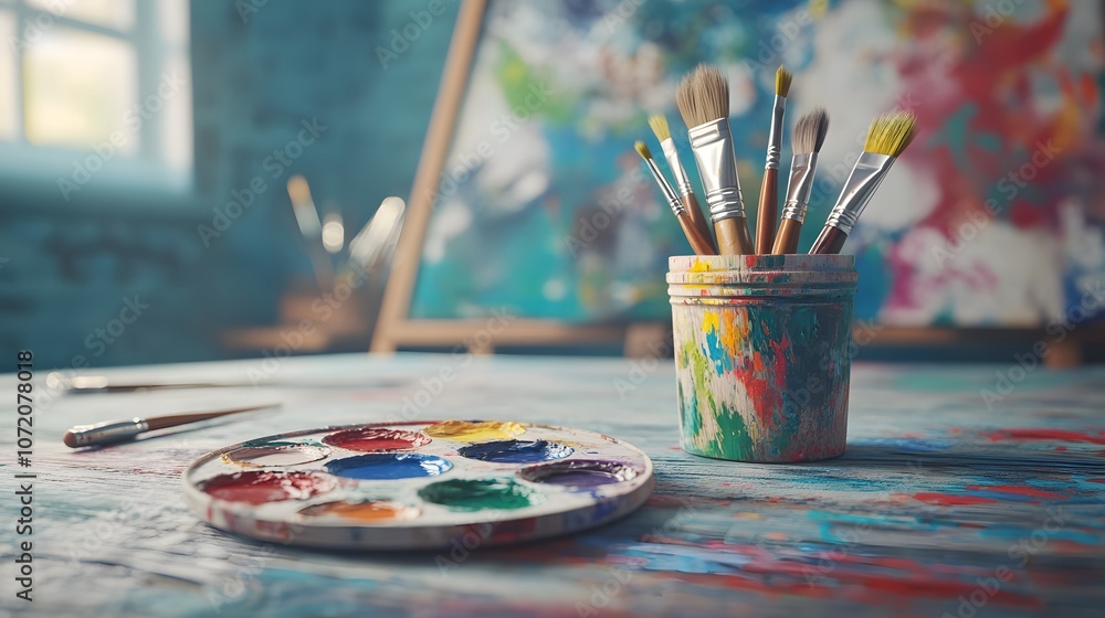 Poster A 3D art palette on a desk with floating 2D icons of paintbrushes and color splashes, ideal for an art class environment, 4k resolution, ultra-realistic, uncluttered background