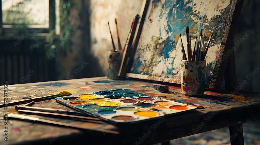 Poster A 3D art palette on a desk with floating 2D icons of paintbrushes and color splashes, ideal for an art class environment, 4k resolution, ultra-realistic, uncluttered background