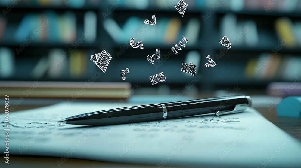 Poster A 3D pen and paper on a desk with floating 2D language icons like alphabet letters and books, representing a language arts class, 4k resolution, ultra-realistic, uncluttered background