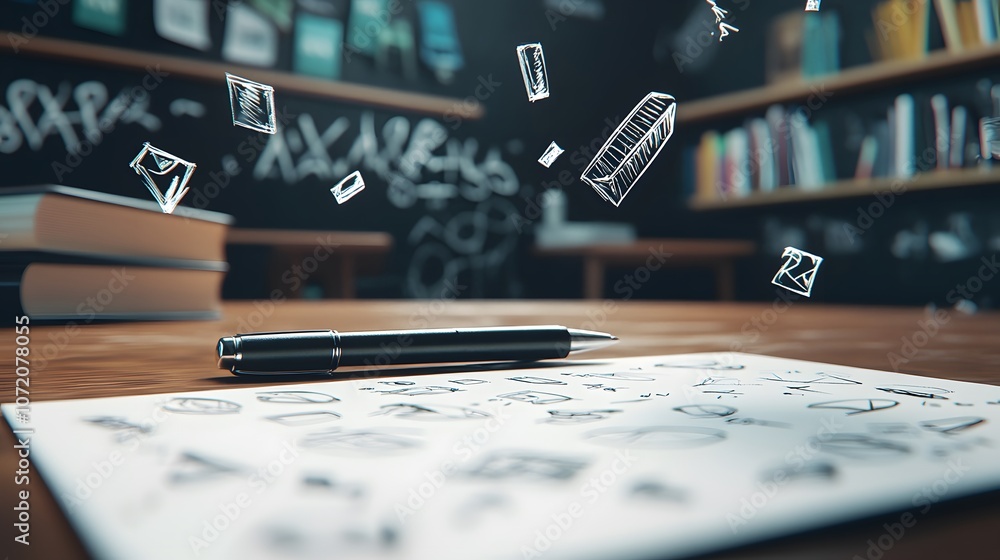 Poster A 3D pen and paper on a desk with floating 2D language icons like alphabet letters and books, representing a language arts class, 4k resolution, ultra-realistic, uncluttered background