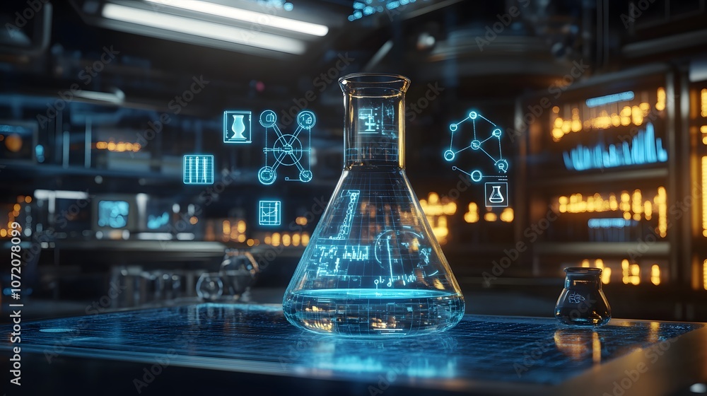 Aufkleber a 3d science beaker with floating 2d icons of chemistry elements and formulas, creating an interacti