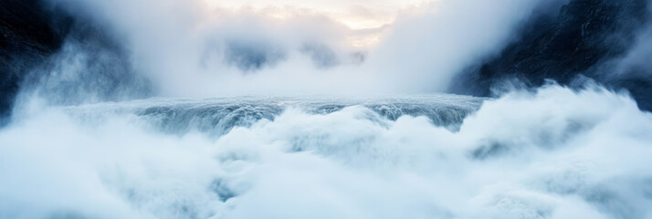Obraz premium Waterfall mist creates a surreal landscape, with the cascading water hidden by a thick cloud of spray.