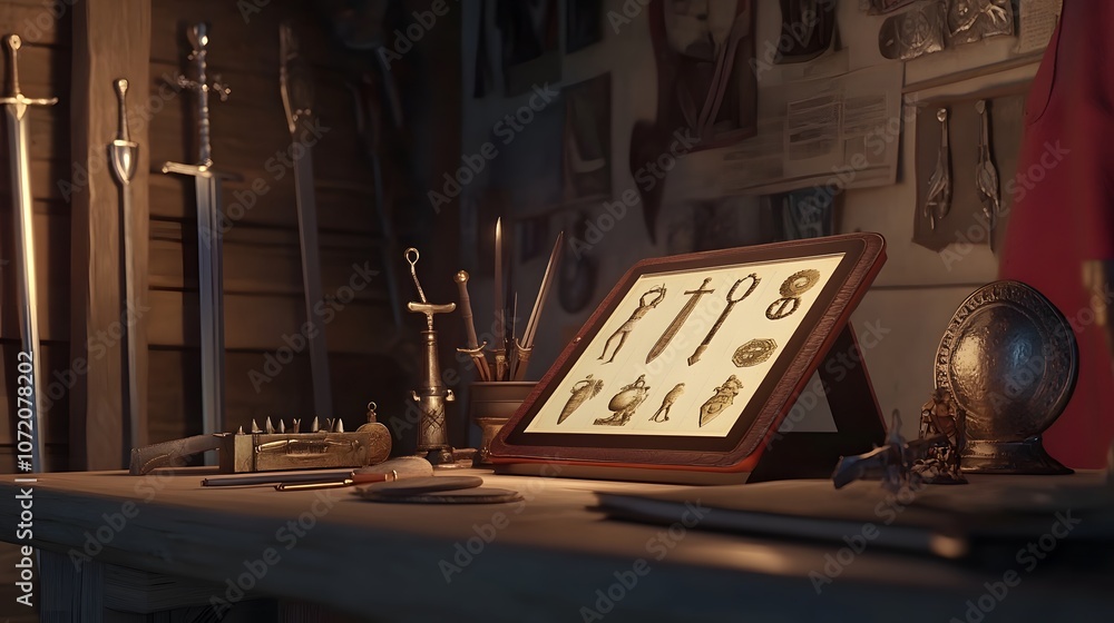 Poster A desk with a 3D tablet and 2D floating history icons like ancient artifacts and swords, ideal for history learning, 4k resolution, ultra-realistic, uncluttered background