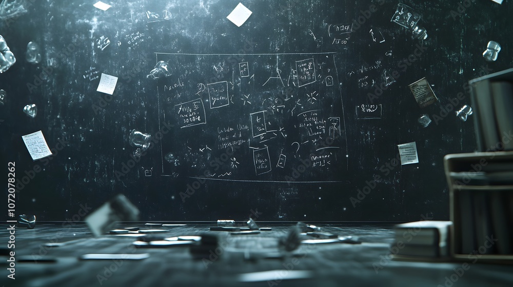 Aufkleber a 3d chalkboard with floating 2d elements of english grammar like nouns and verbs, creating a langua