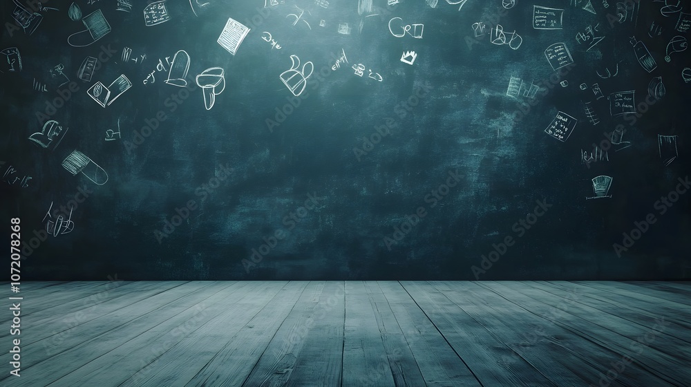 Aufkleber a 3d chalkboard with floating 2d elements of english grammar like nouns and verbs, creating a langua