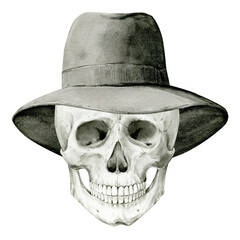 Human skull in black felt hat. Hand drawn watercolor illustration for day of the dead, halloween, dia de los muertos. Isolated object on white background.