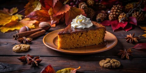 Fototapeta premium A Slice of Pumpkin Cake Decorated with Whipped Cream, Nestled Among Autumn Leaves and Spices on a Rustic Wooden Table
