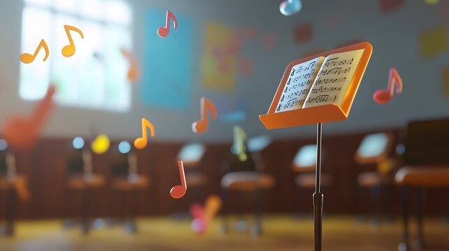 A school scene with a 3D music stand and floating 2D musical notes, ideal for music class, 4k resolution, ultra-realistic, uncluttered background