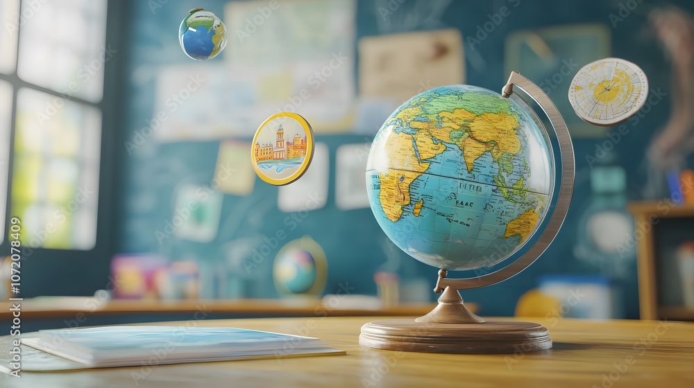 Poster a 3d classroom setting with a globe and floating 2d travel and exploration icons, symbolizing geogra