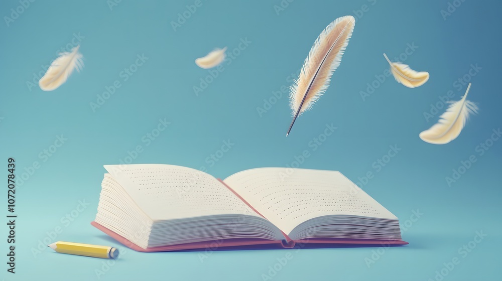 Poster a 3d notepad and pencil with floating 2d icons of literature like book and feather quill, representi