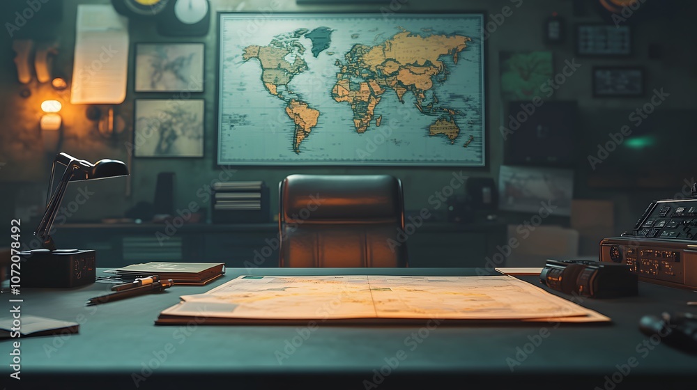 Poster A 3D-rendered military command desk with floating 2D tactical icons like maps and mission plans, creating a strategic planning scene, 4k resolution, ultra-realistic, uncluttered background