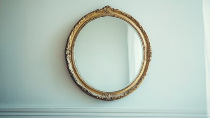 Large ornate gold-framed round mirror, hanging on pale wall, reflecting light