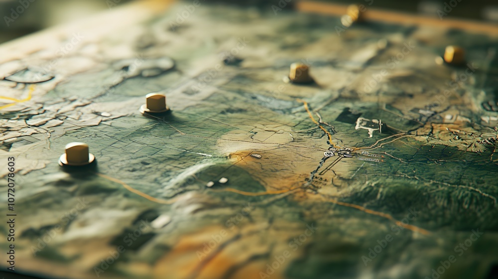 Fototapete a 3d-rendered tactical map on a table with floating 2d markers and navigation icons, creating a batt