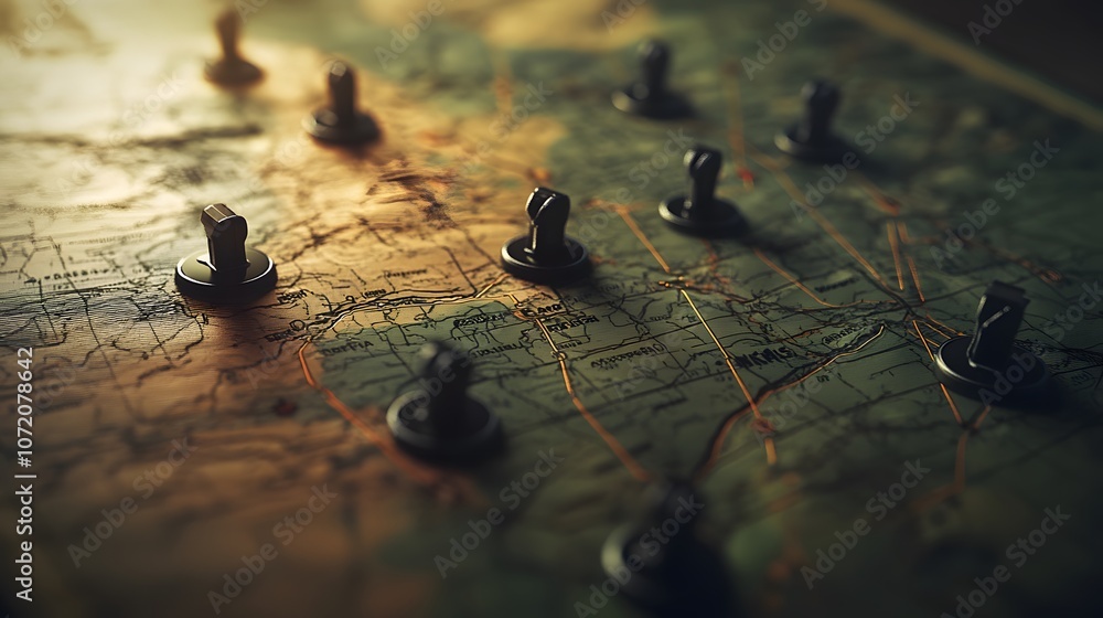 Fototapete a 3d-rendered tactical map on a table with floating 2d markers and navigation icons, creating a batt