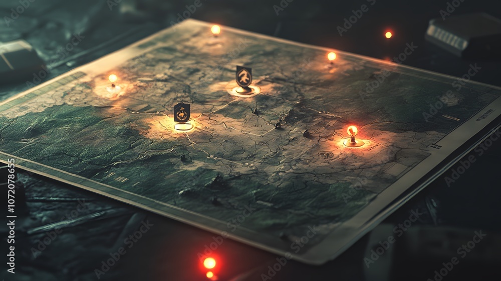 Aufkleber a 3d-rendered tactical map on a table with floating 2d markers and navigation icons, creating a batt