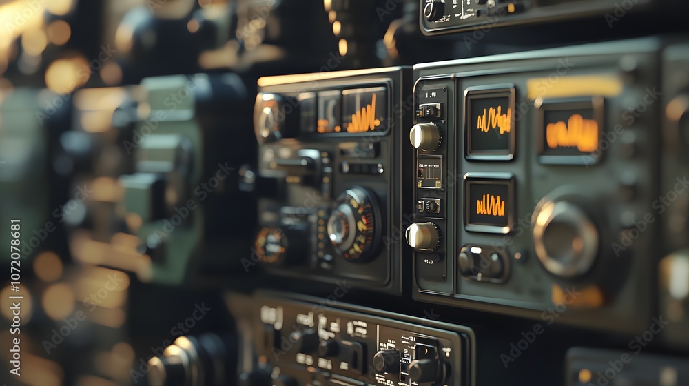Poster a 3d military radio set with floating 2d communication icons like signal bars and encrypted messages