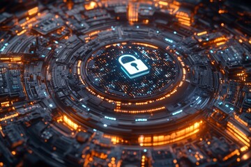Obraz premium Advanced Cybersecurity Lock in Digital Circuitry