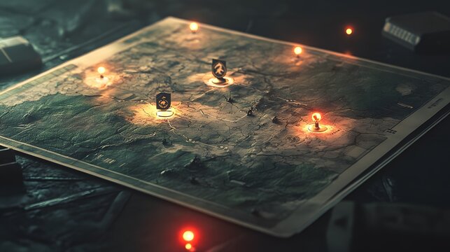 A 3D-rendered tactical map on a table with floating 2D markers and navigation icons, creating a battlefield planning vibe, 4k resolution, ultra-realistic, uncluttered background