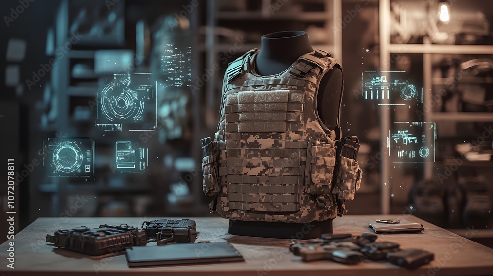 Poster a military setting with a 3d tactical vest on a table and floating 2d icons for armor and equipment,