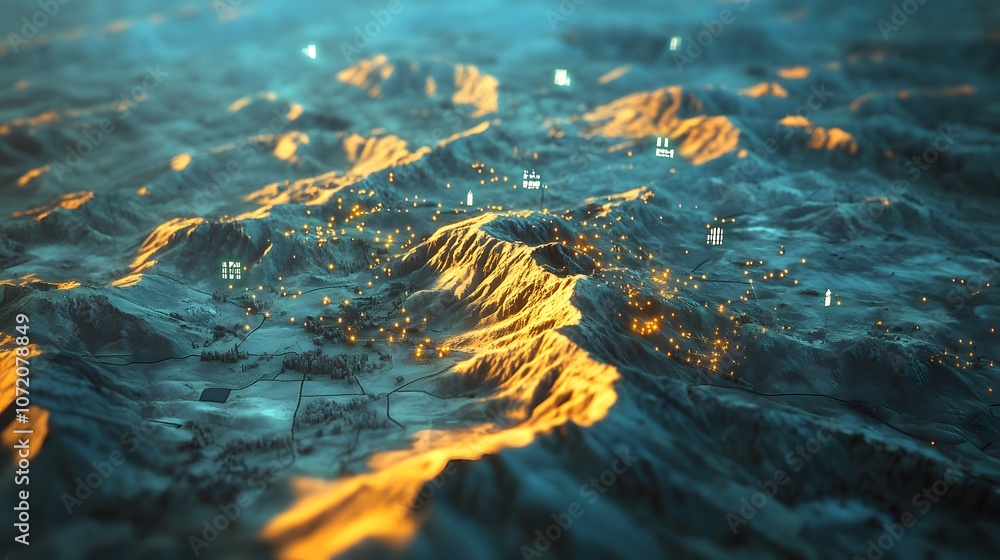 Poster a 3d tactical map with floating 2d icons for air support and artillery locations, symbolizing battle