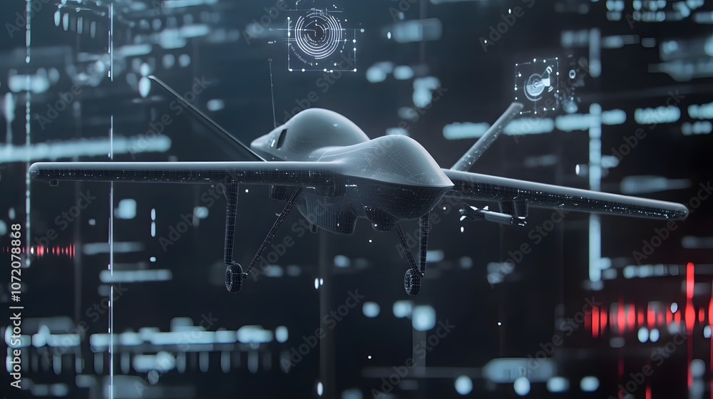 Poster A 3D surveillance drone model with 2D radar and detection icons floating around it, representing aerial reconnaissance, 4k resolution, ultra-realistic, uncluttered background