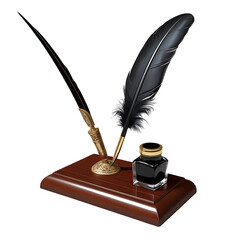 A black feather quill pen in a holder with an inkwell on a wooden base.