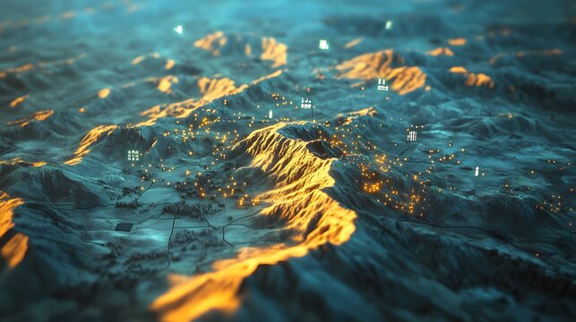 A 3D tactical map with floating 2D icons for air support and artillery locations, symbolizing battlefield coordination, 4k resolution, ultra-realistic, uncluttered background