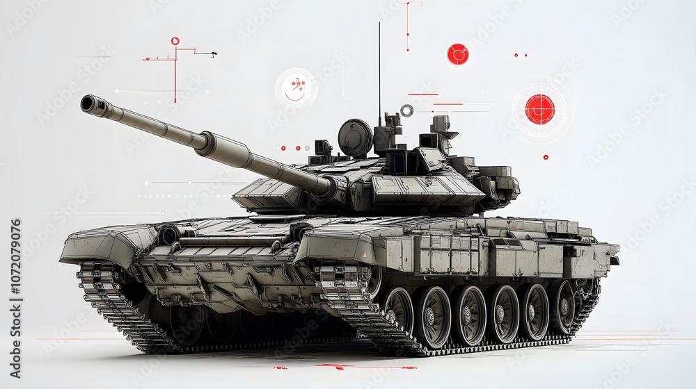 Poster a 3d tank model with floating 2d targeting and trajectory icons, symbolizing armored vehicle operati