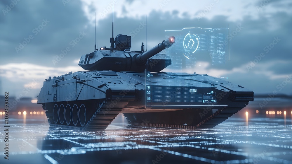 Poster a 3d tank model with floating 2d targeting and trajectory icons, symbolizing armored vehicle operati