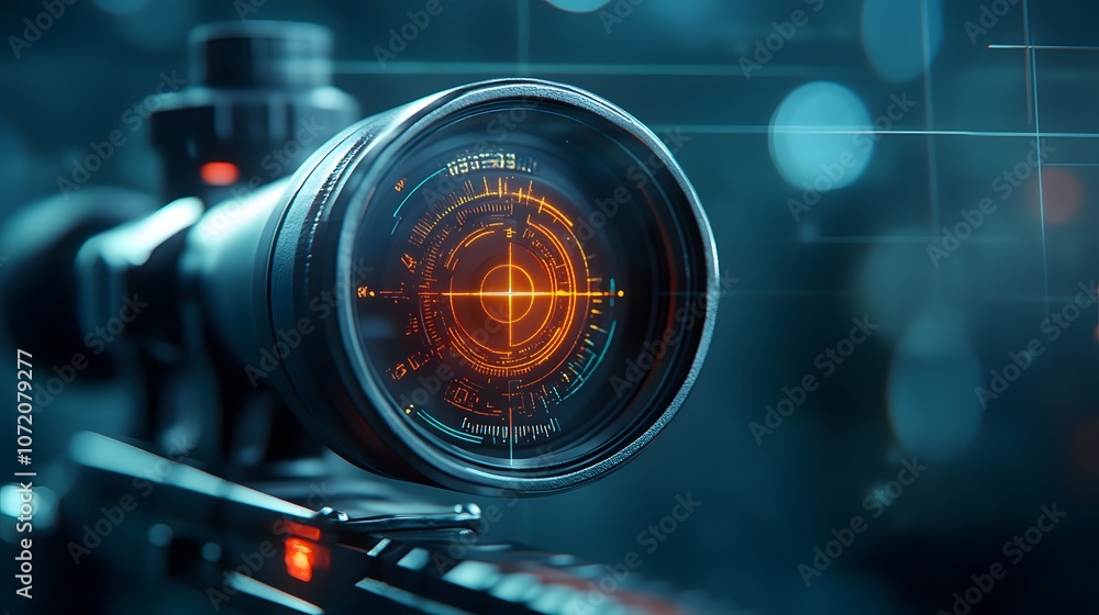 Poster a 3d rangefinder with floating 2d targeting and distance measurement icons, ideal for sniper or reco
