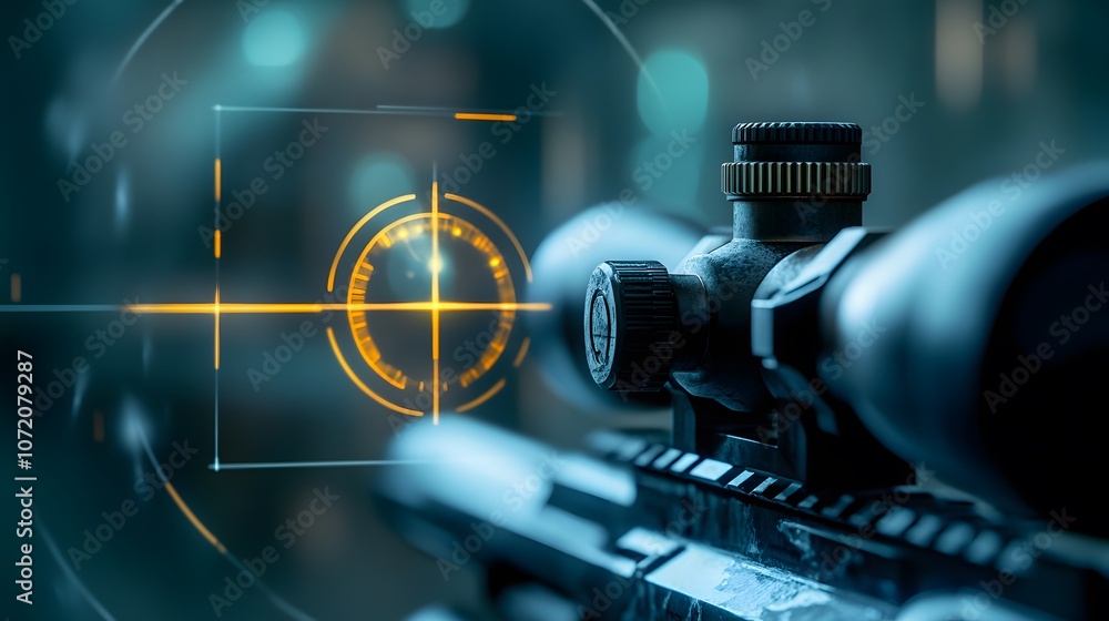 Poster a 3d rangefinder with floating 2d targeting and distance measurement icons, ideal for sniper or reco