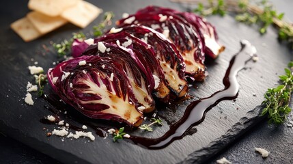 Grilled Radicchio with Balsamic Glaze on Slate Plate: Clean Commercial Food Photography with Shaved Pecorino and Fresh Thyme, featuring Natural Lighting and Negative Space.