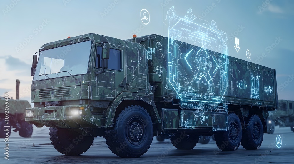 Poster A 3D military transport vehicle with 2D logistics and supply icons, creating a scene of logistical support in combat zones, 4k resolution, ultra-realistic, uncluttered background
