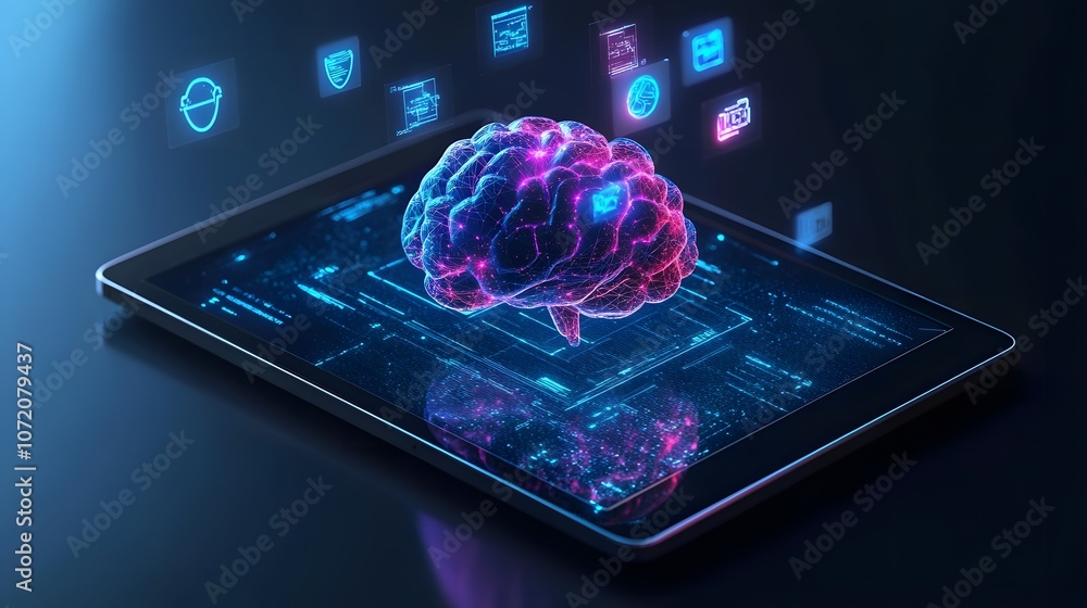 Aufkleber a 3d tablet displaying a futuristic interface with 2d holographic icons for artificial intelligence 