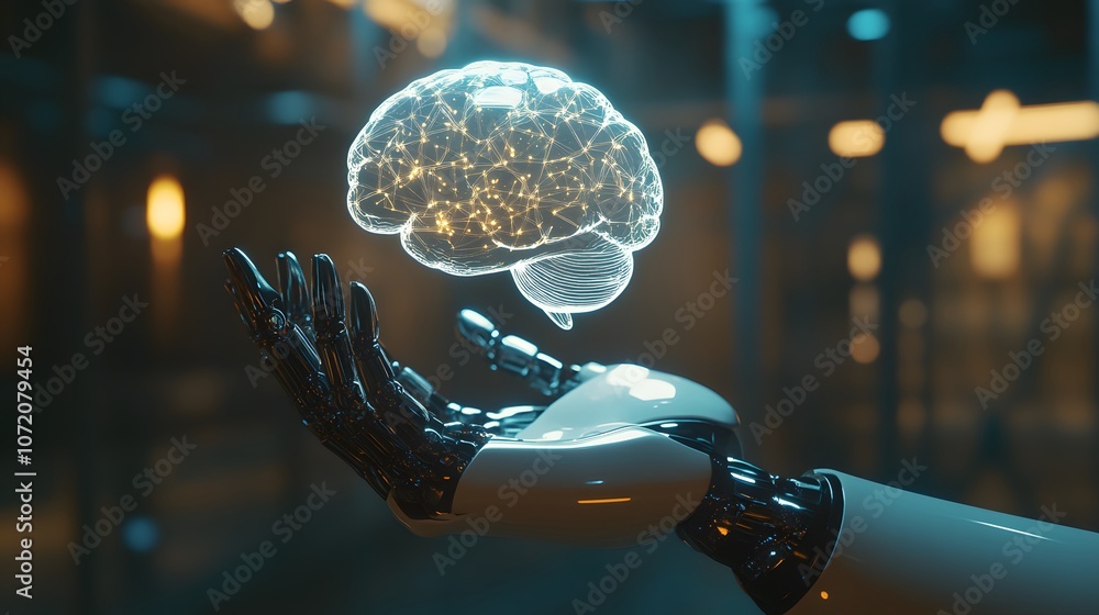 Poster A 3D robot hand holding a 2D floating digital brain icon, symbolizing AI and human-robot collaboration, on an uncluttered background, 4k resolution, ultra-realistic