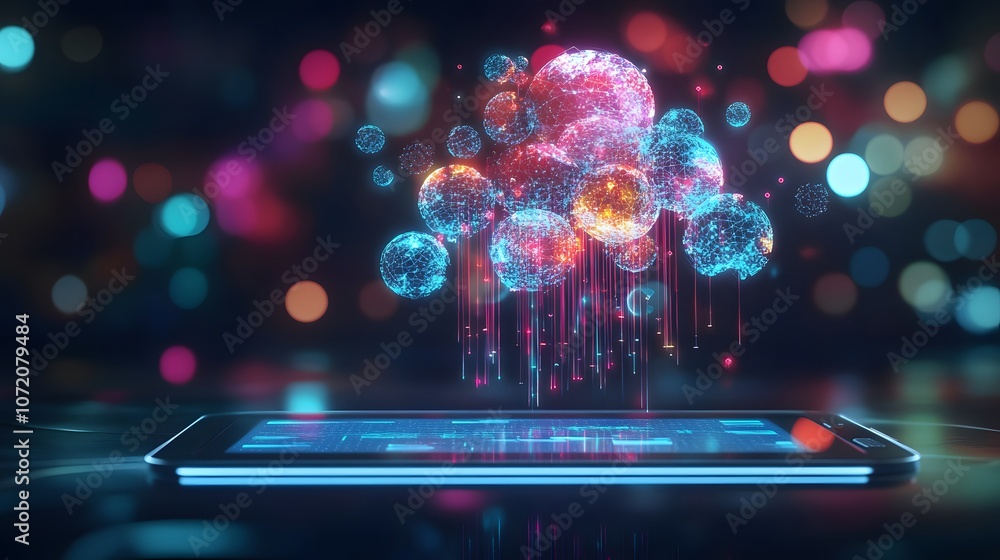 Poster a 3d tablet displaying a futuristic interface with 2d holographic icons for artificial intelligence 