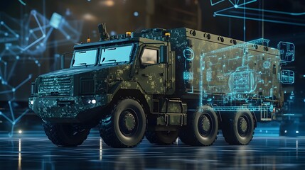A 3D military transport vehicle with 2D logistics and supply icons, creating a scene of logistical support in combat zones, 4k resolution, ultra-realistic, uncluttered background