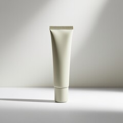 Minimalist cosmetic tube with a matte finish, placed upright on a white background with a soft shadow below.