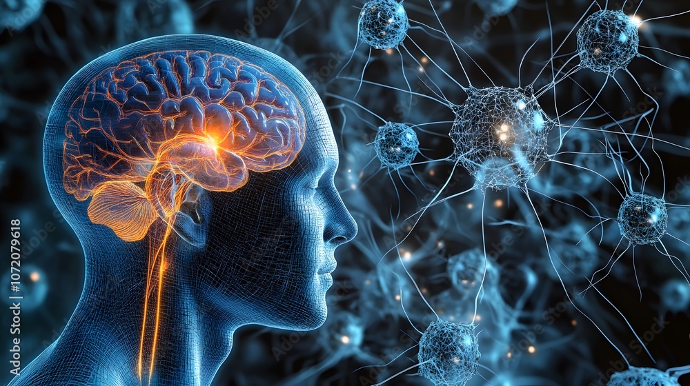 Poster A 3D human head model with 2D holographic neural network patterns floating around it, representing innovation in neuroscience, 4k resolution, ultra-realistic, uncluttered background