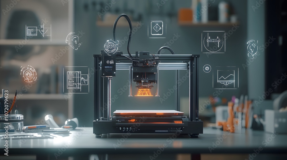 Poster a 3d printer model with floating 2d icons of design tools and manufacturing symbols around it, repre