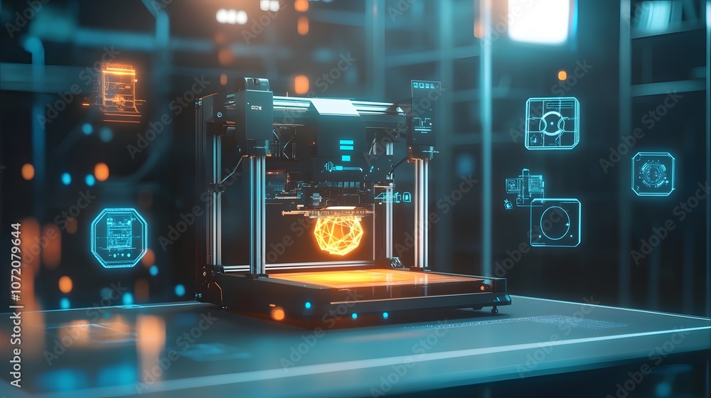 Poster A 3D printer model with floating 2D icons of design tools and manufacturing symbols around it, representing innovation in production, 4k resolution, ultra-realistic, uncluttered background