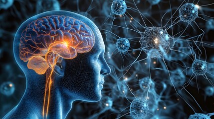 Obraz premium A 3D human head model with 2D holographic neural network patterns floating around it, representing innovation in neuroscience, 4k resolution, ultra-realistic, uncluttered background