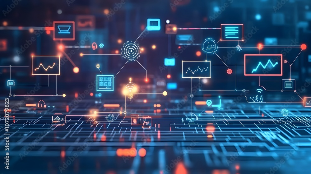 Aufkleber a 3d circuit board with floating 2d data flow and connection icons, symbolizing technological evolut